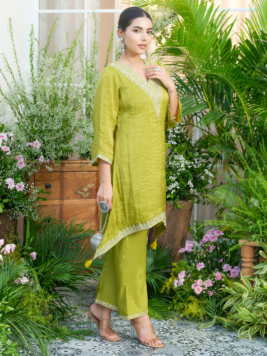 Lime-green V-Neck Handwork with Sequence Touch Co-Ord Set