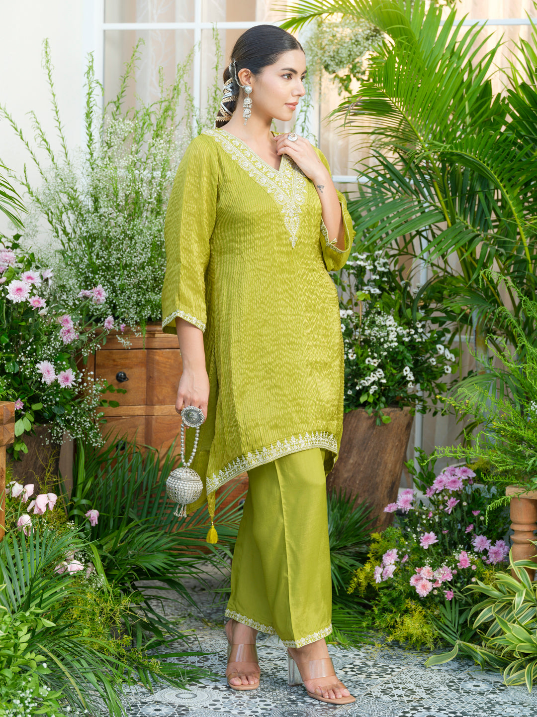 Lime-green V-Neck Handwork with Sequence Touch Co-Ord Set