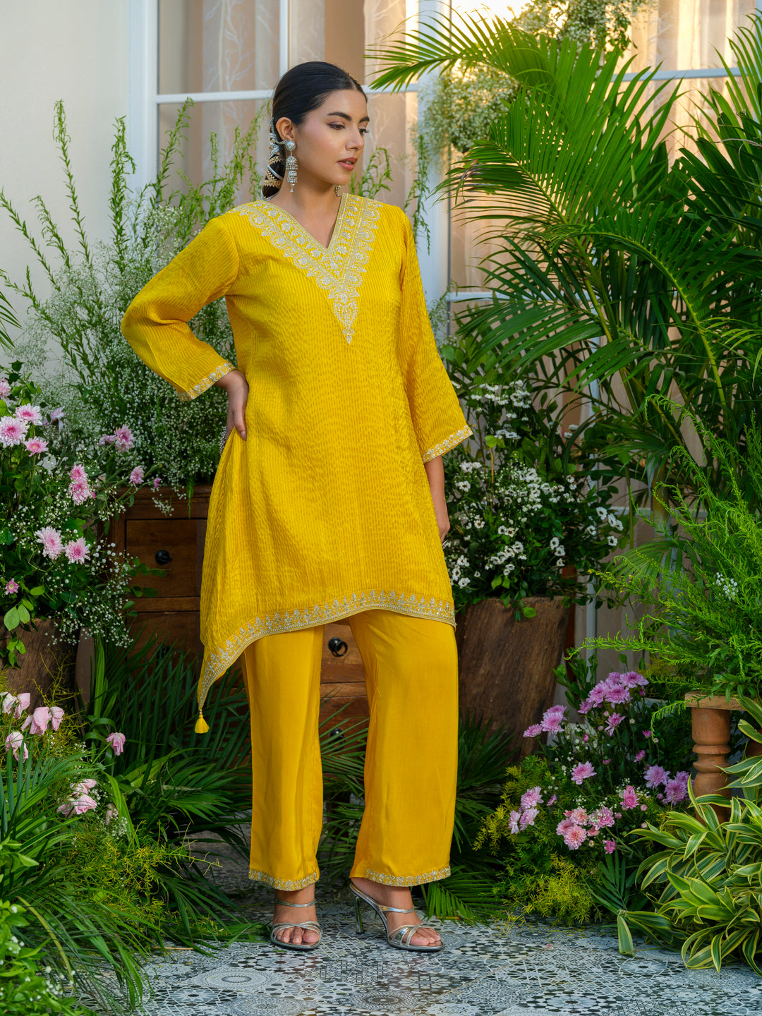 Yellow V-Neck Handwork with Sequence Touch Co-Ord Set