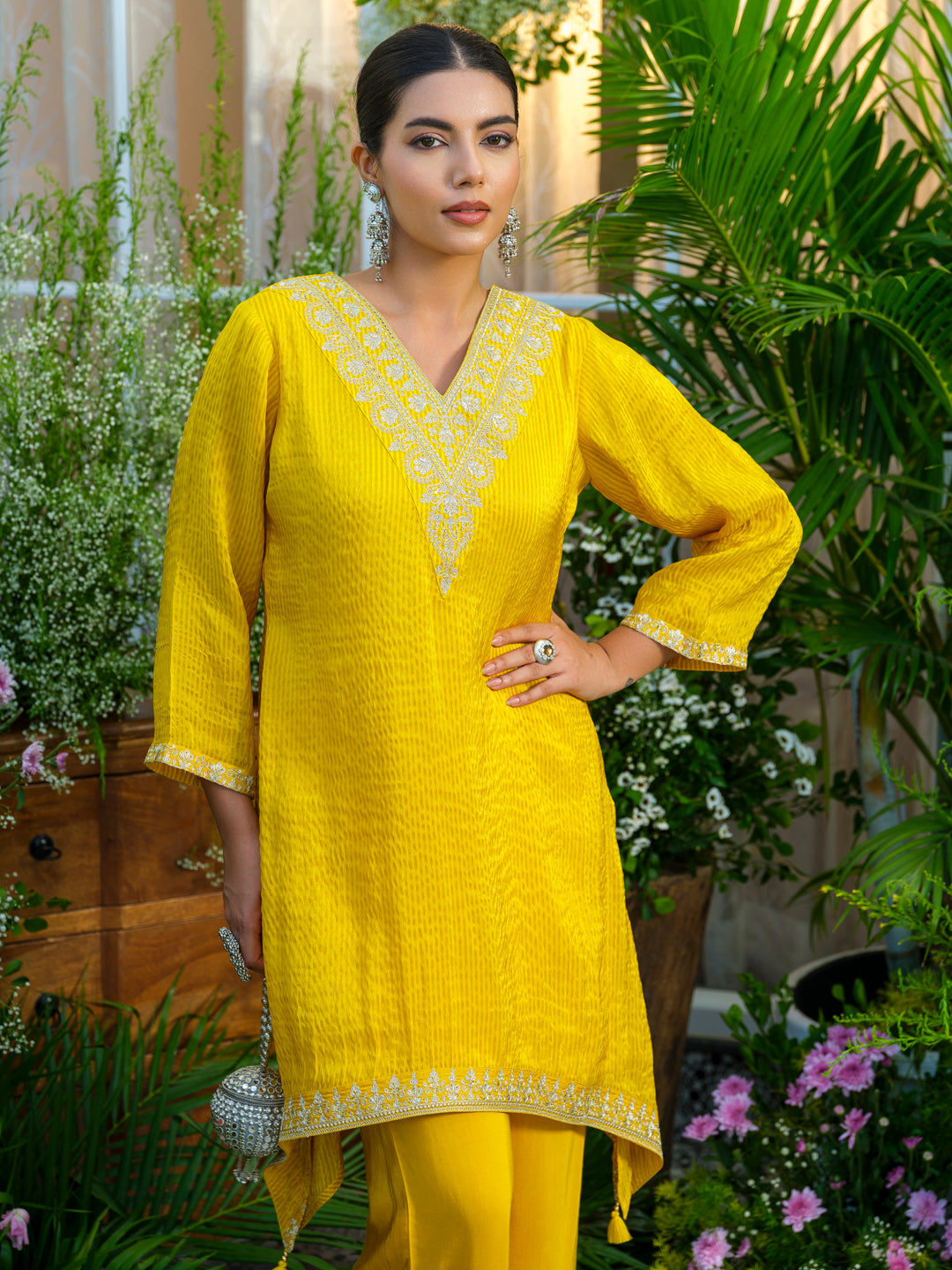 Yellow V-Neck Handwork with Sequence Touch Co-Ord Set
