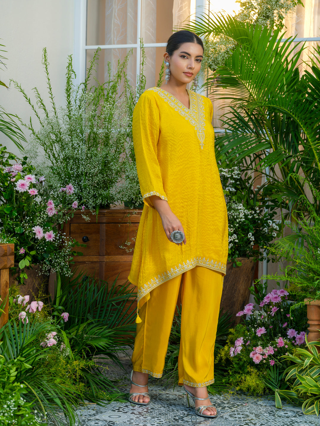 Yellow V-Neck Handwork with Sequence Touch Co-Ord Set