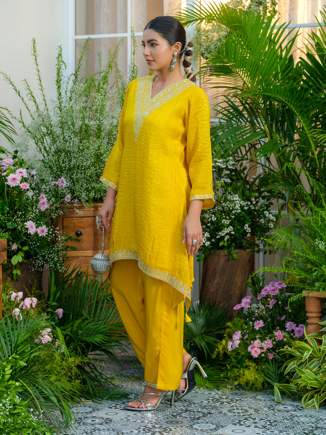 Yellow V-Neck Handwork with Sequence Touch Co-Ord Set