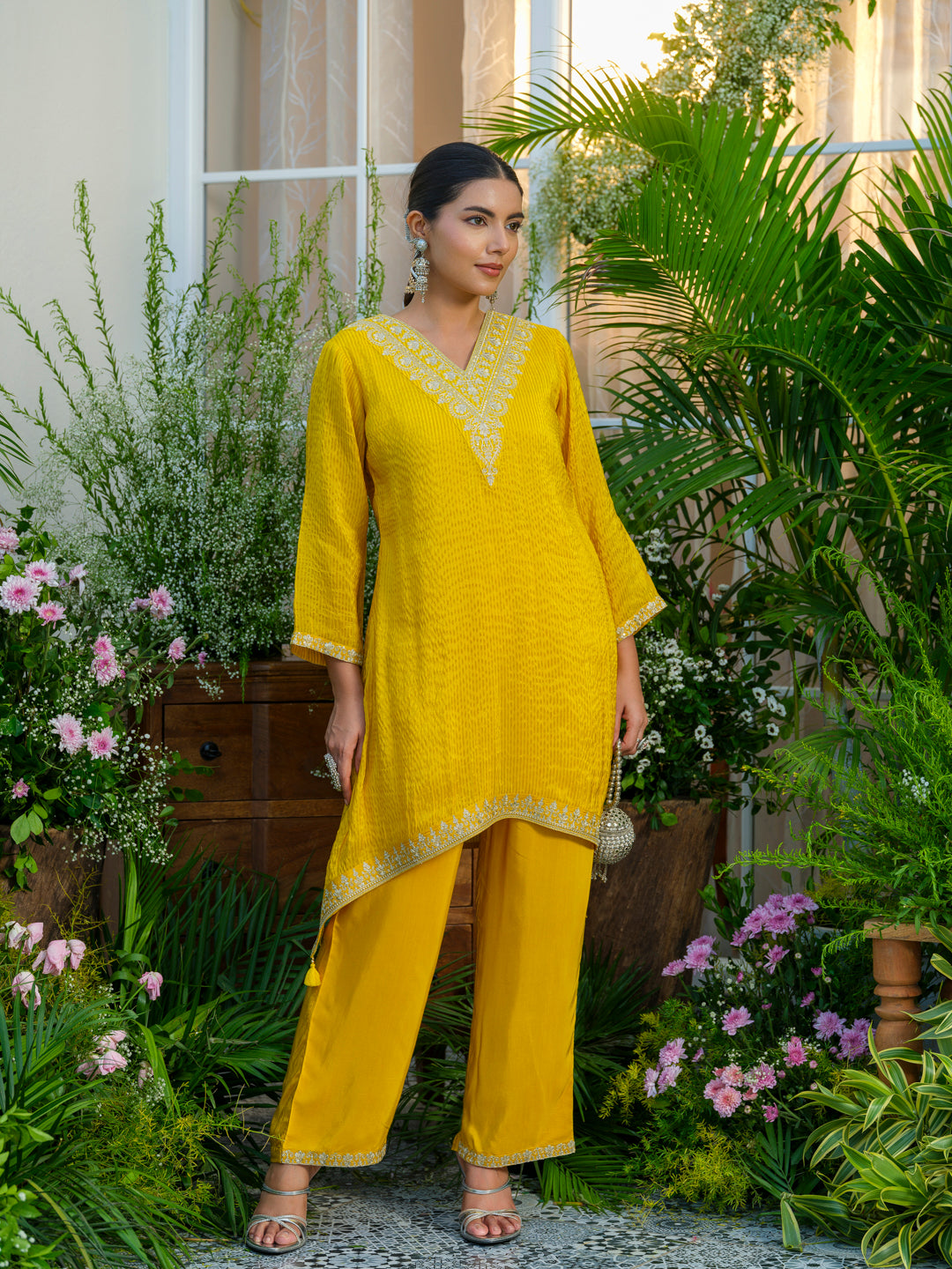 Yellow V-Neck Handwork with Sequence Touch Co-Ord Set