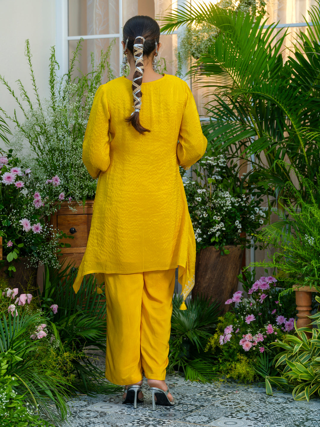Yellow V-Neck Handwork with Sequence Touch Co-Ord Set