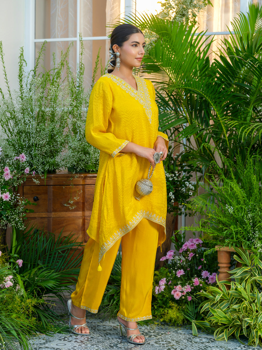 Yellow V-Neck Handwork with Sequence Touch Co-Ord Set