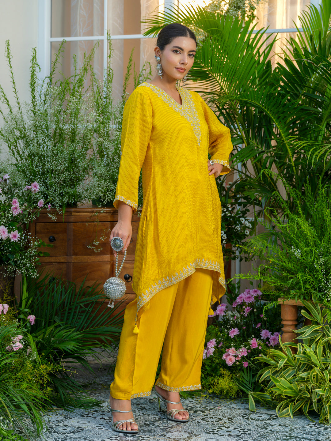 Yellow V-Neck Handwork with Sequence Touch Co-Ord Set