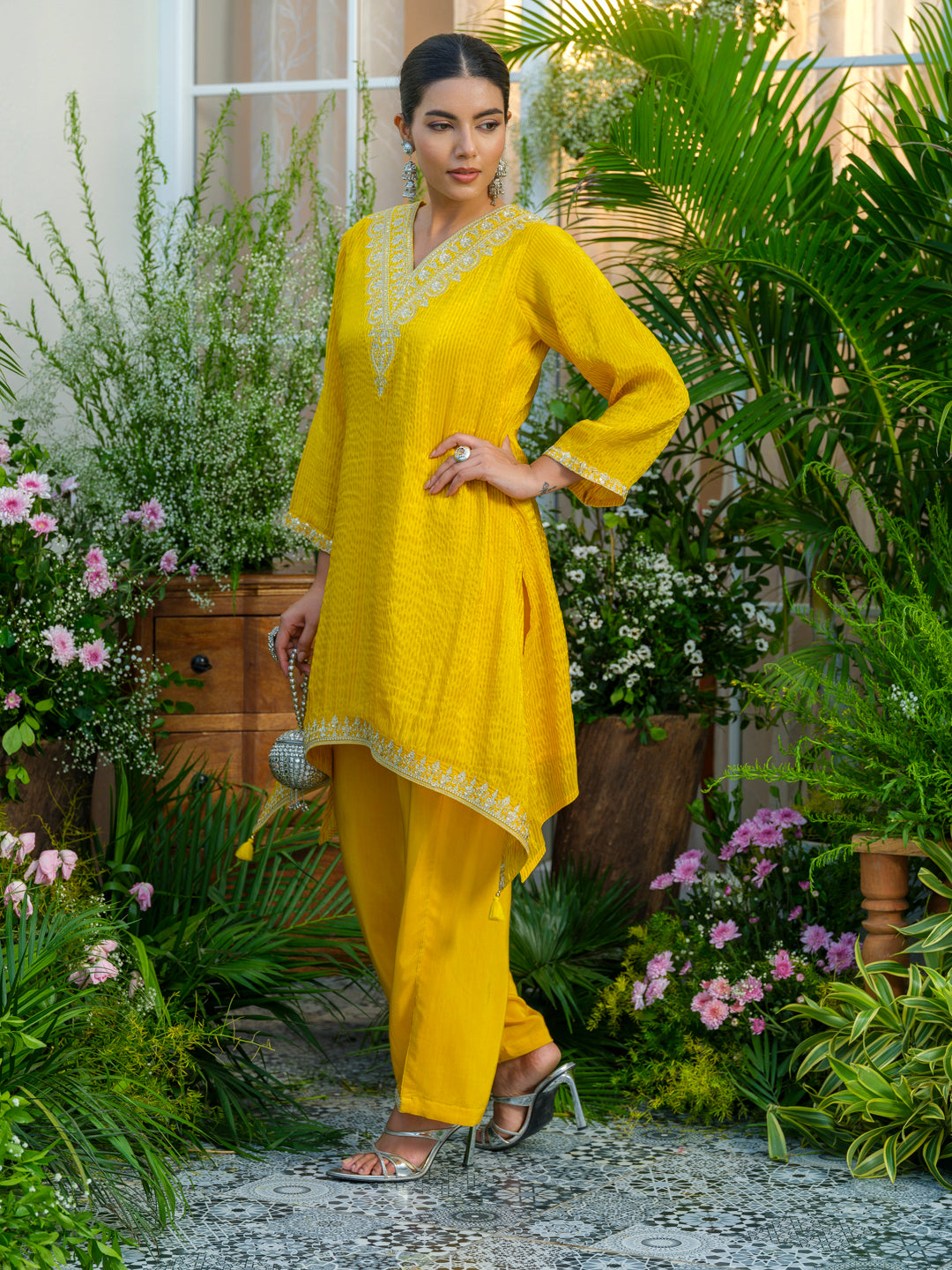 Yellow V-Neck Handwork with Sequence Touch Co-Ord Set