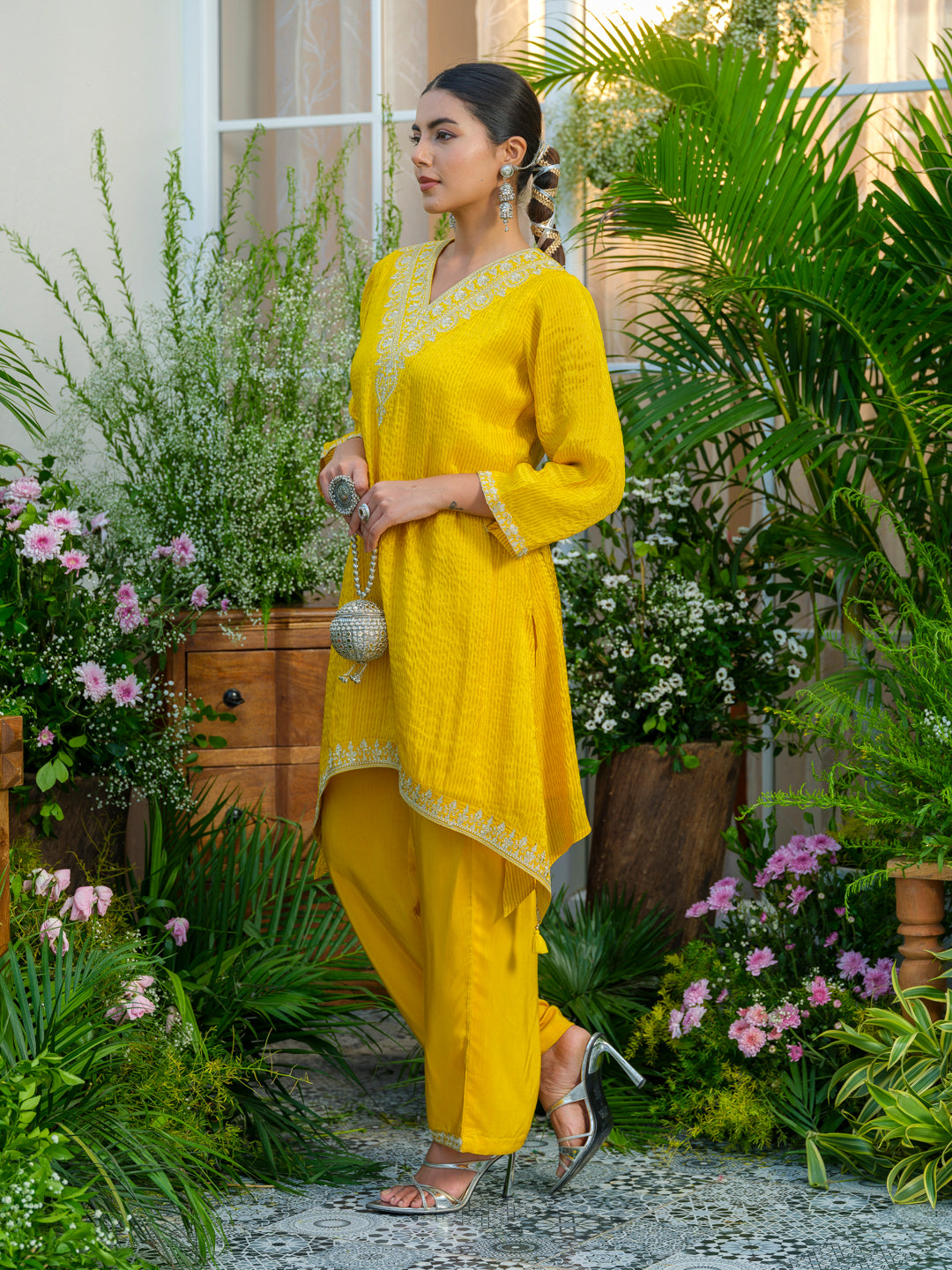 Yellow V-Neck Handwork with Sequence Touch Co-Ord Set
