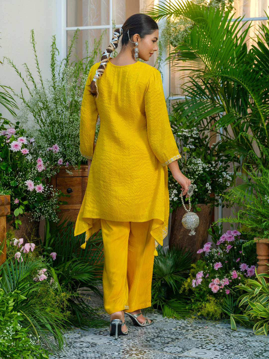 Yellow V-Neck Handwork with Sequence Touch Co-Ord Set