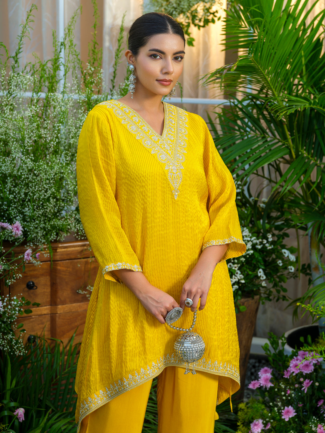 Yellow V-Neck Handwork with Sequence Touch Co-Ord Set
