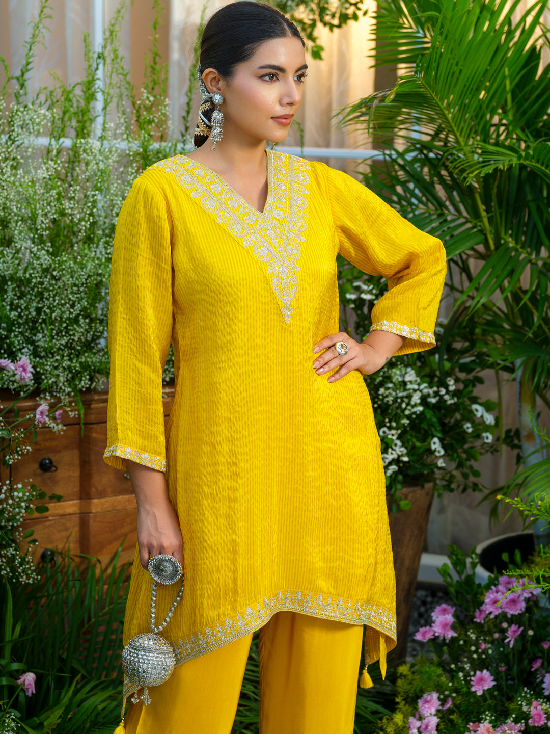 Yellow V-Neck Handwork with Sequence Touch Co-Ord Set