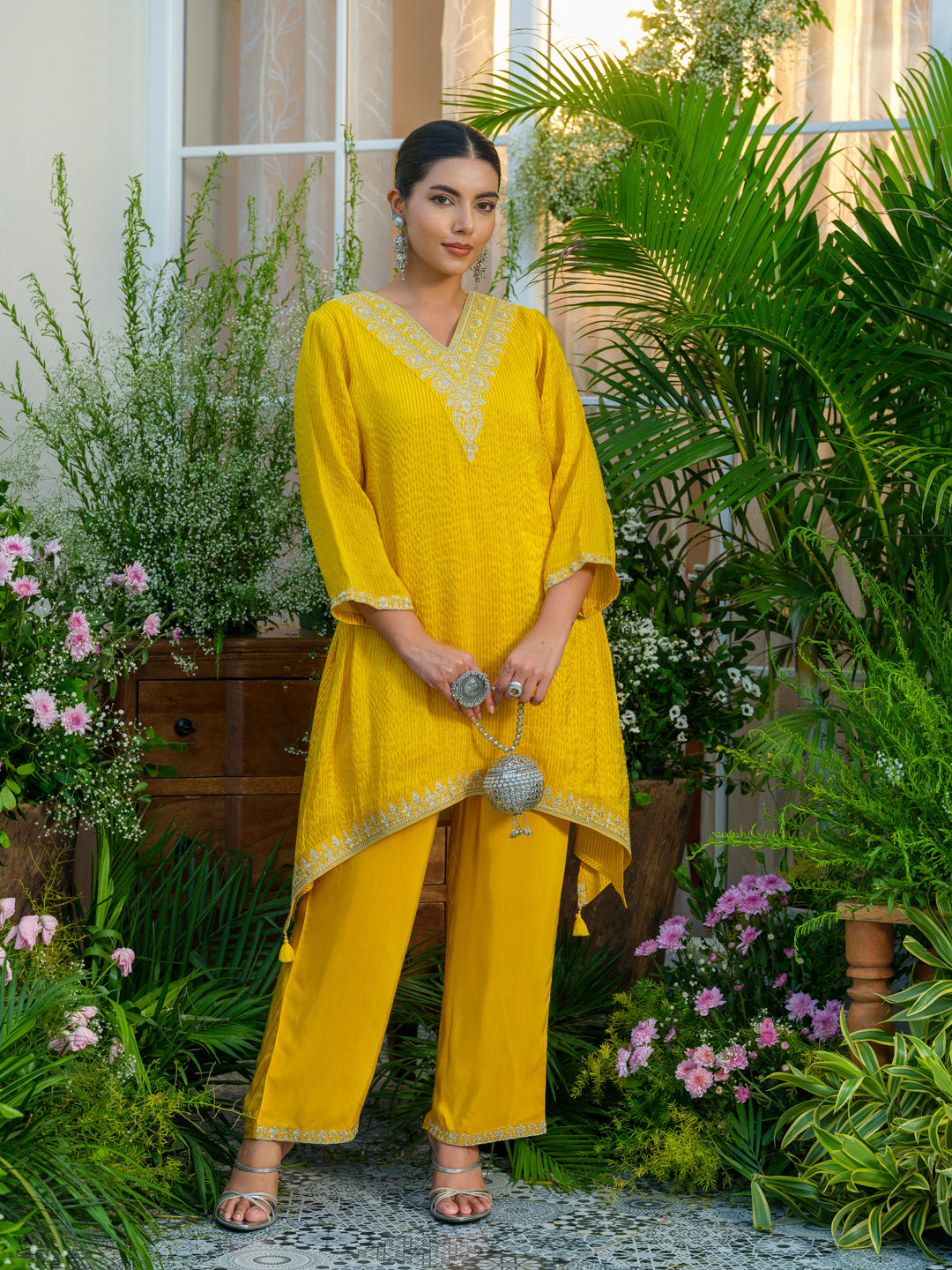 Yellow V-Neck Handwork with Sequence Touch Co-Ord Set