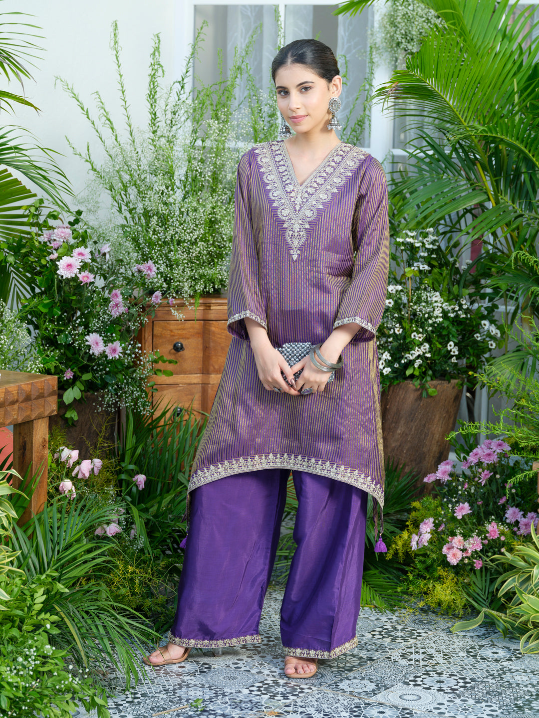 Violet V-Neck Handwork with Sequence Touch Co-Ord Set