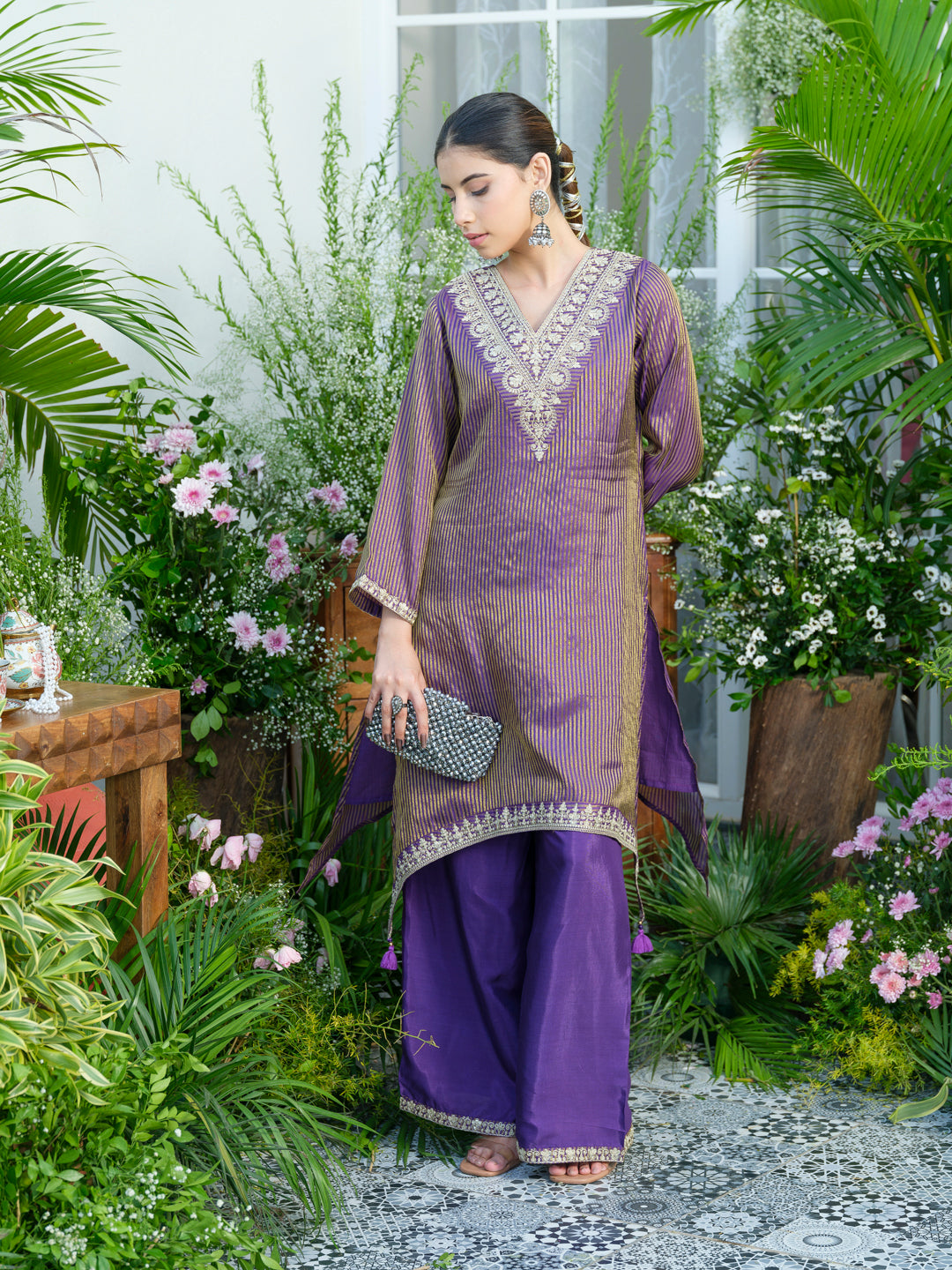 Violet V-Neck Handwork with Sequence Touch Co-Ord Set