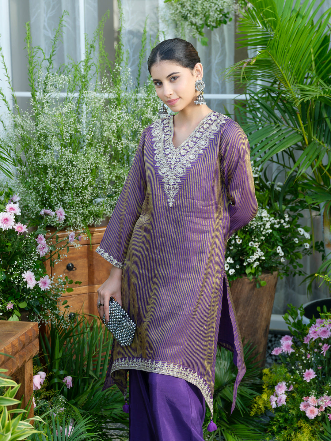 Violet V-Neck Handwork with Sequence Touch Co-Ord Set