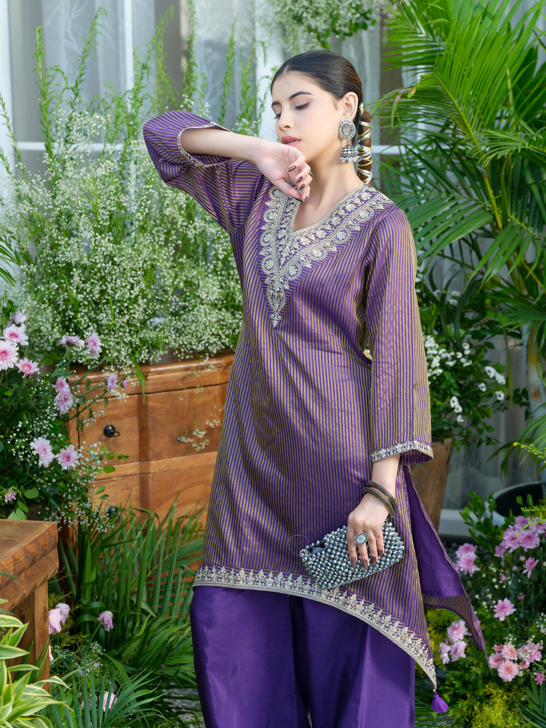 Violet V-Neck Handwork with Sequence Touch Co-Ord Set