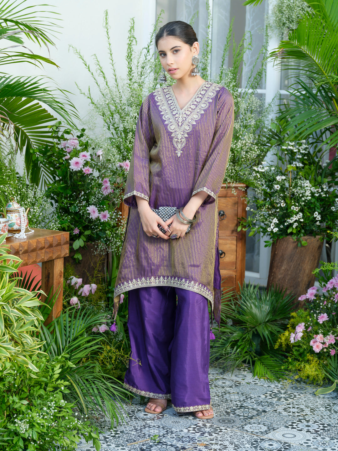 Violet V-Neck Handwork with Sequence Touch Co-Ord Set