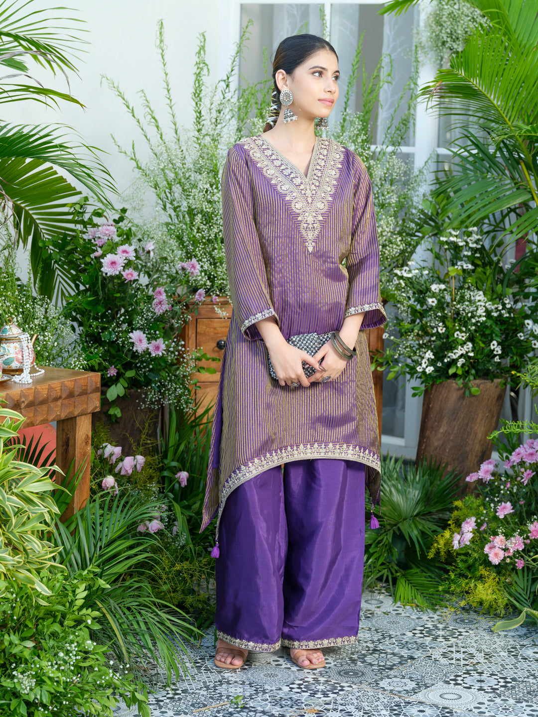 Violet V-Neck Handwork with Sequence Touch Co-Ord Set