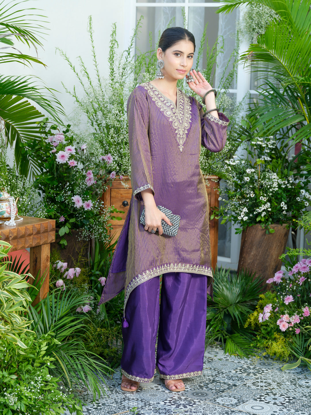 Violet V-Neck Handwork with Sequence Touch Co-Ord Set