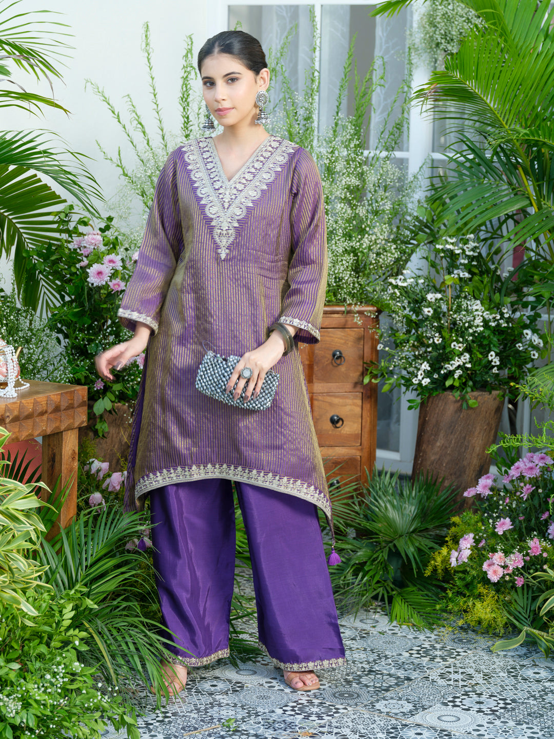 Violet V-Neck Handwork with Sequence Touch Co-Ord Set