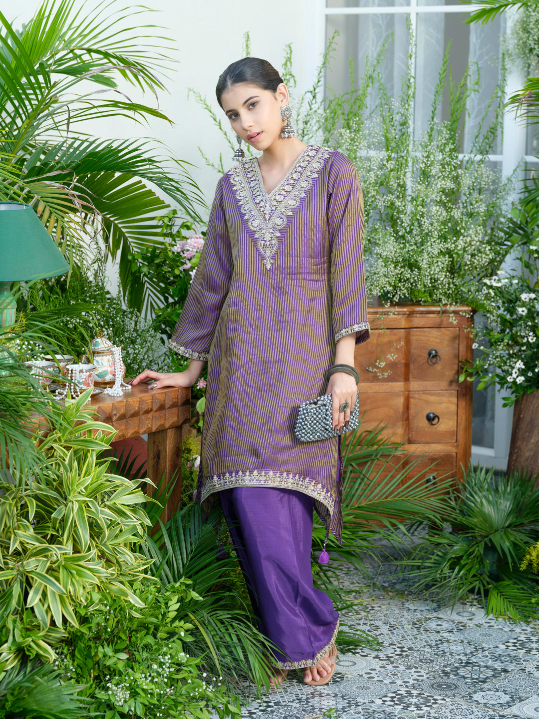 Violet V-Neck Handwork with Sequence Touch Co-Ord Set