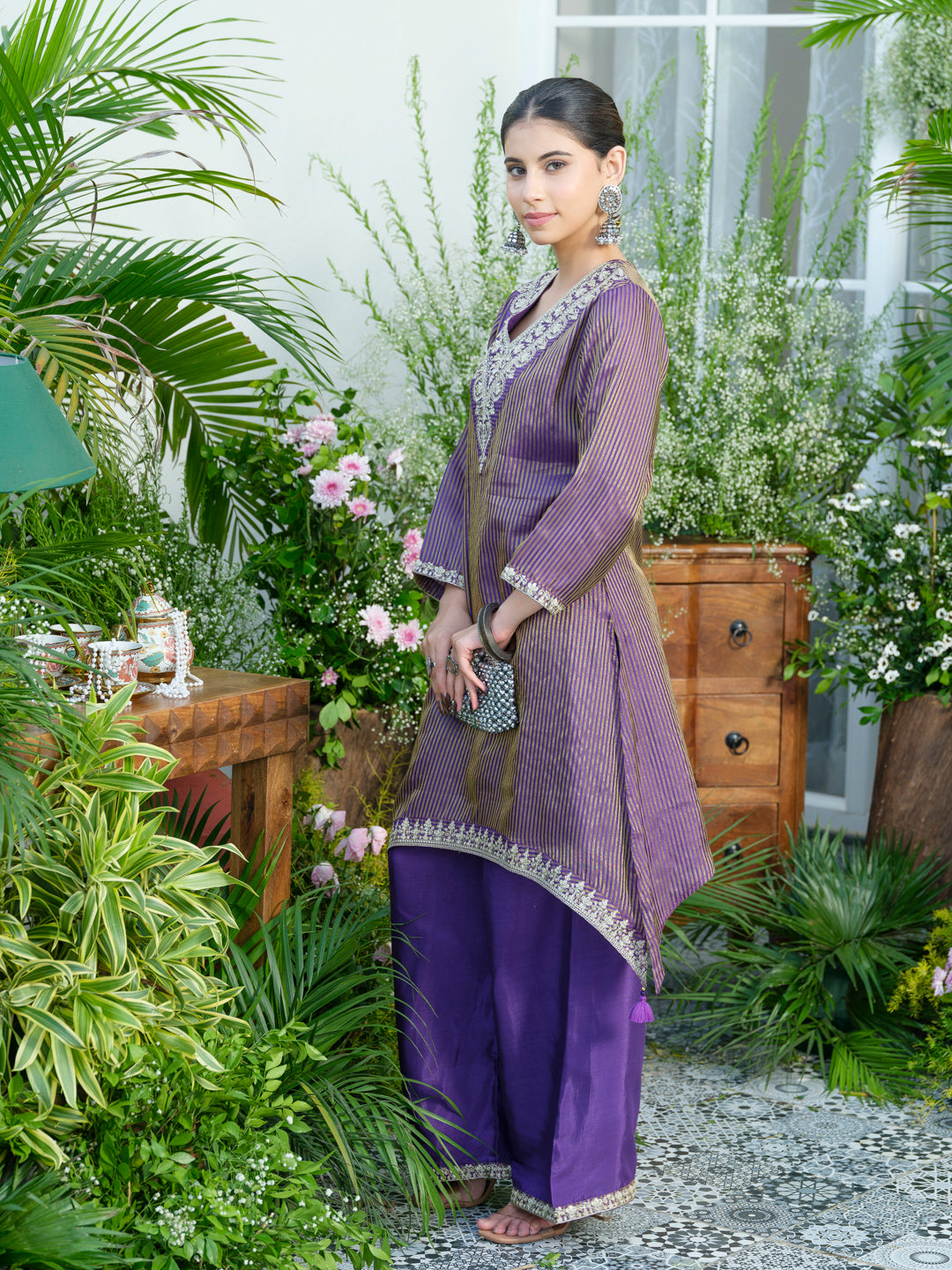 Violet V-Neck Handwork with Sequence Touch Co-Ord Set