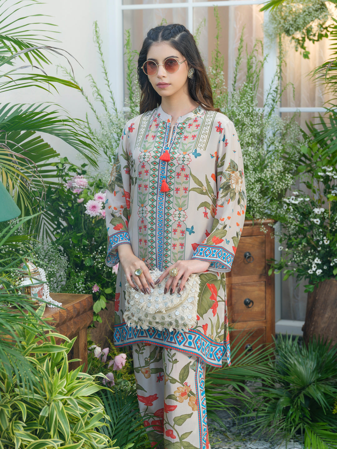 Desert Glow Printed Co-Ord in Natural Crepe