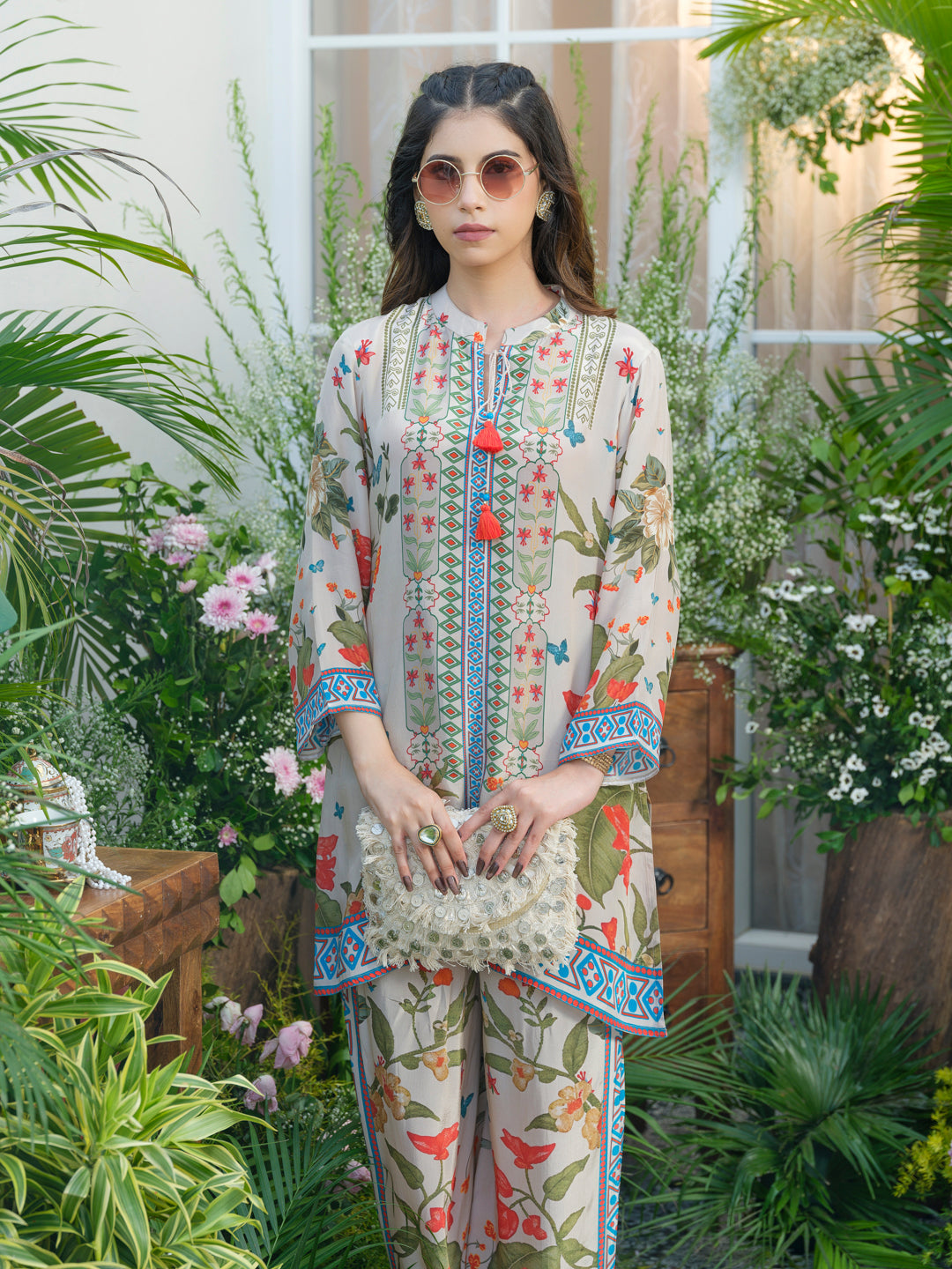 Desert Glow Printed Co-Ord in Natural Crepe