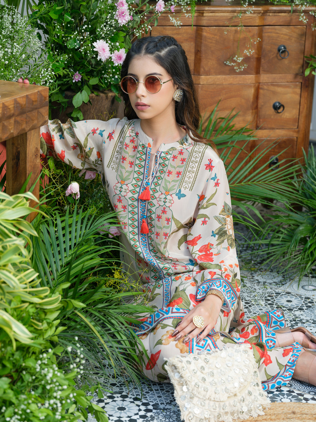 Desert Glow Printed Co-Ord in Natural Crepe