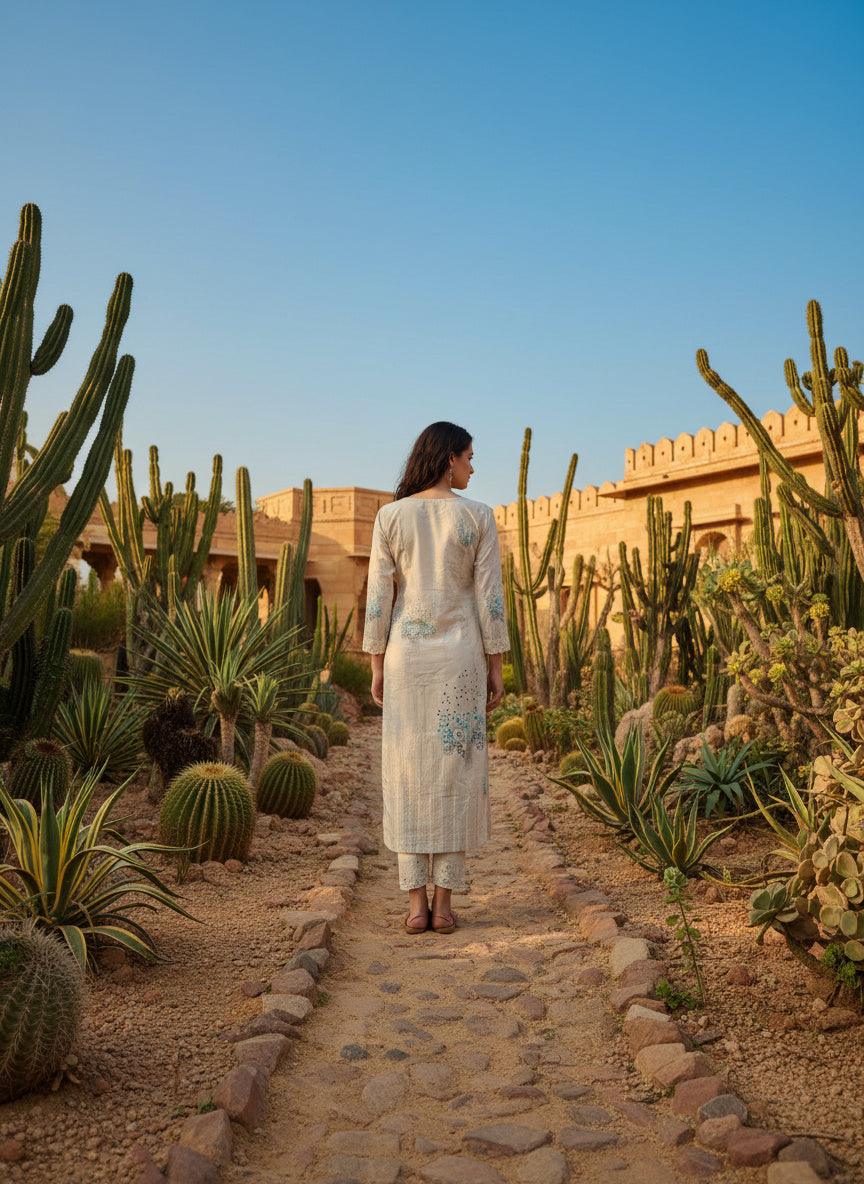 Embroidered Round Neck Kurta & Trousers with Duppatta