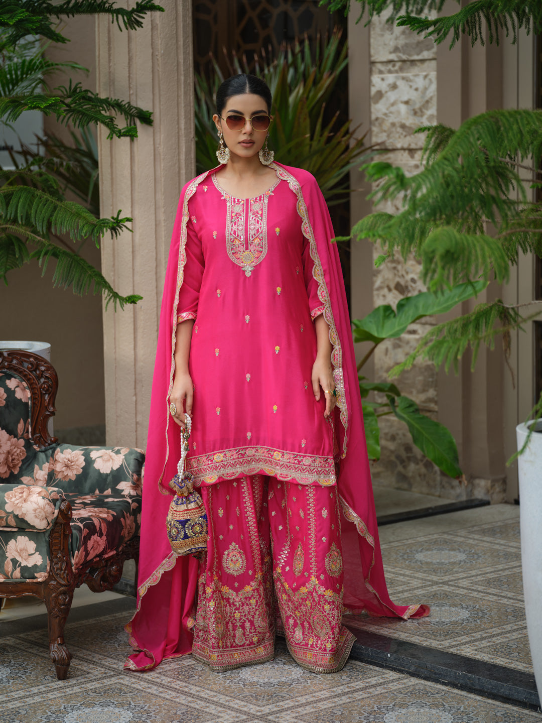 Embroidered Sequinned Work Straight Kurta & Sharara With Dupatta