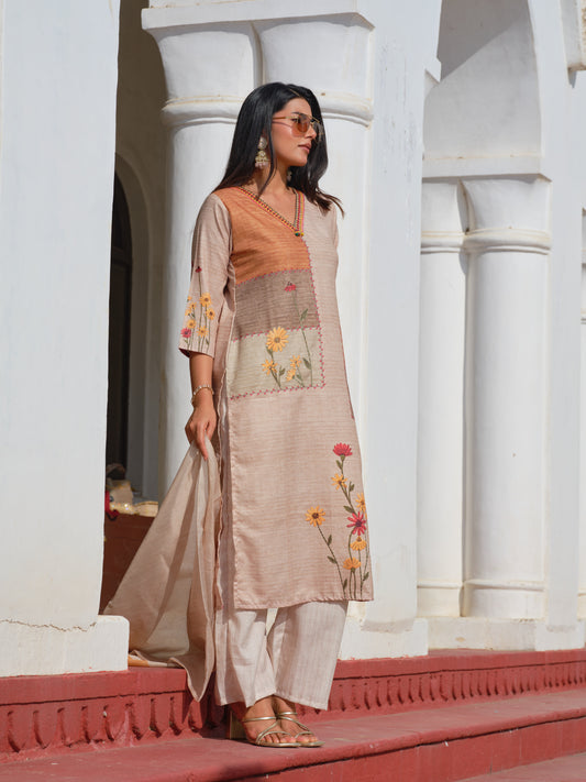 Beige Poly-Linen Embroidered 3-Piece Set