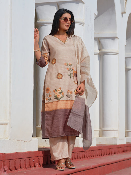 Brown Embroidered Kurta with Peach Trousers & Dupatta