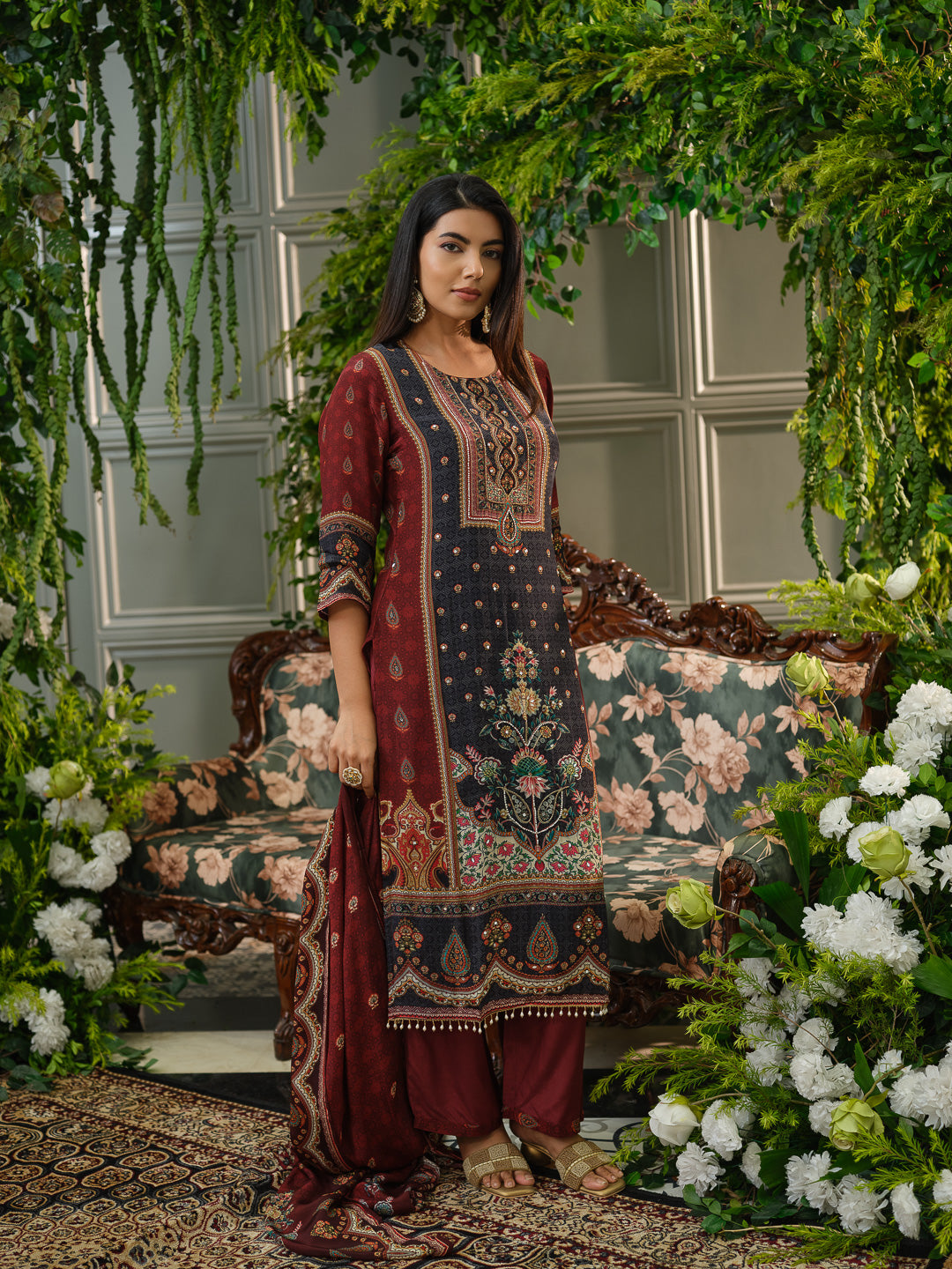 Maroon & Black Printed Kurta Set with Embroidered Yoke, Pants & Dupatta