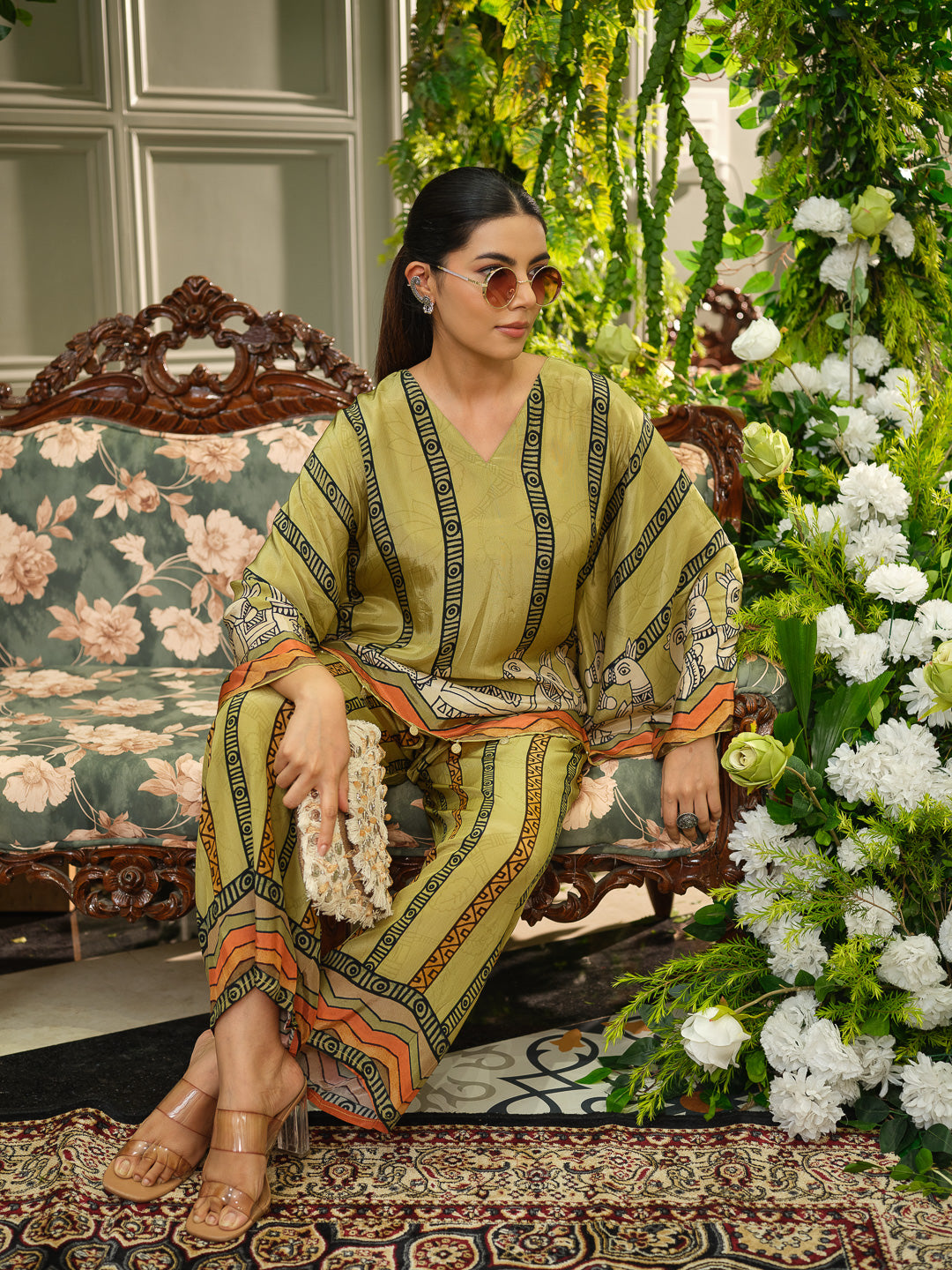 Olive Green Ethnic Printed Natural Crepe Silk Co-Ord Set with Poncho Top