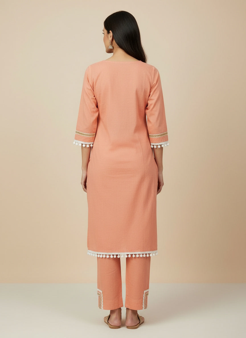 Striped Peach Cotton Co-Ord Set with Zig-Zag Lace Pom-Pom Hem & Tassel Detailing