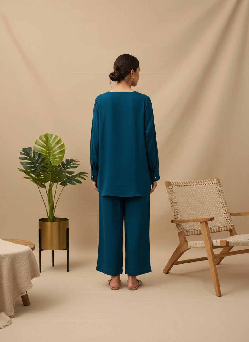 Colorblock Cotton Shirt Co-Ord Set with Patch Work Detailing