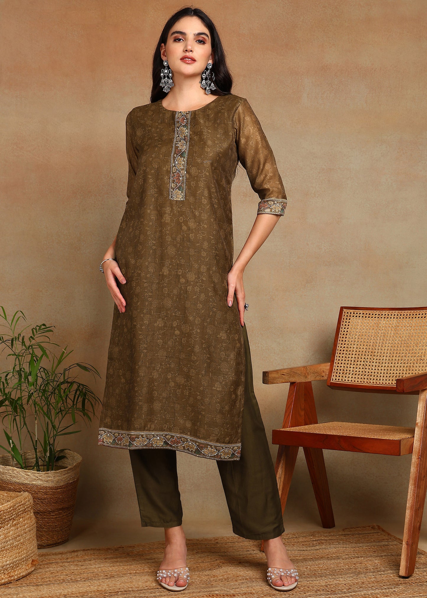 Women's Olive-Green Ethnic Motif Printed Kurta with Kantha & Sequin Work, Paired with Trousers and Dupatta