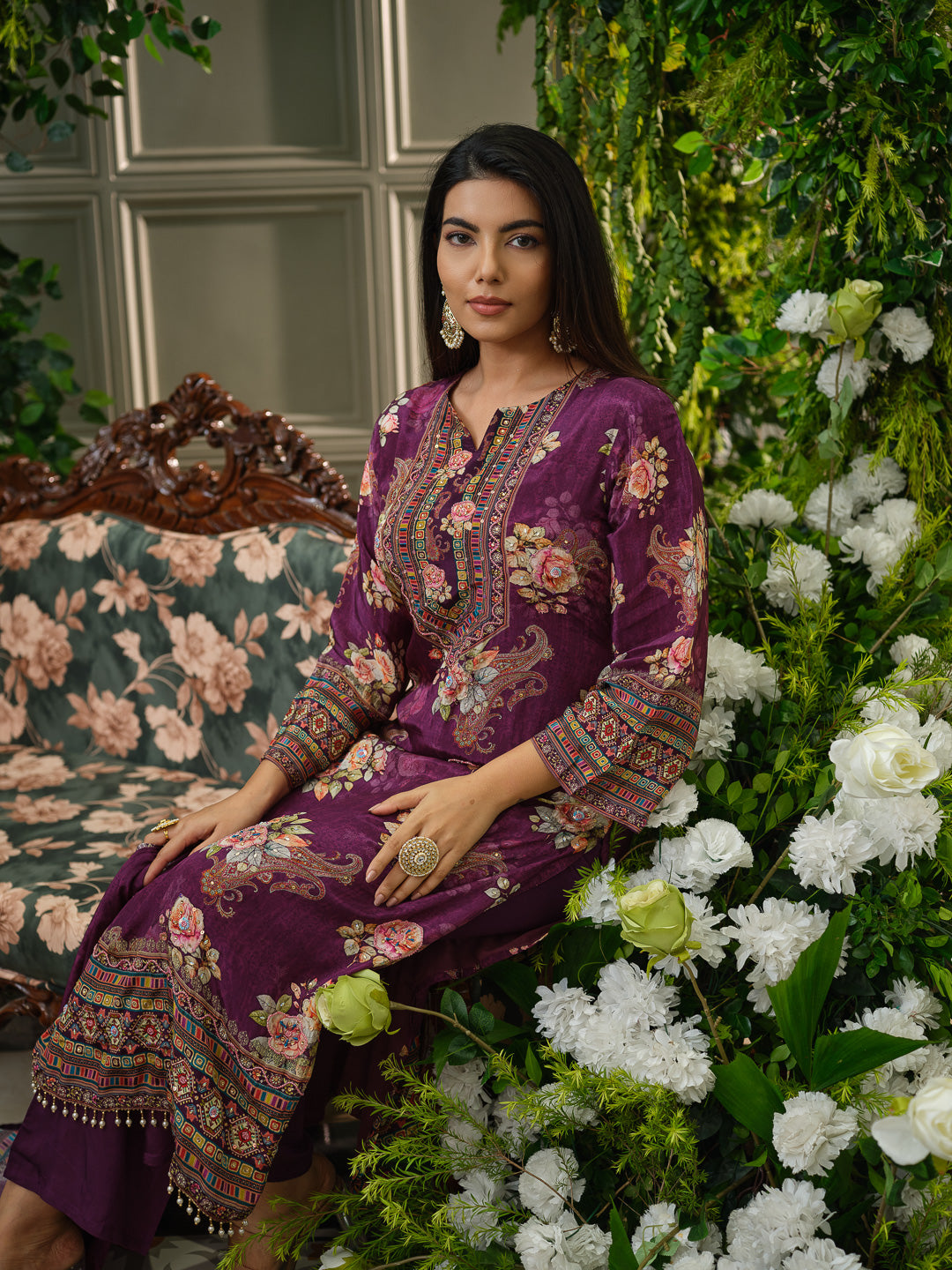 Wine & Purple Crepe Silk Floral Printed Kurta Set with Dupatta