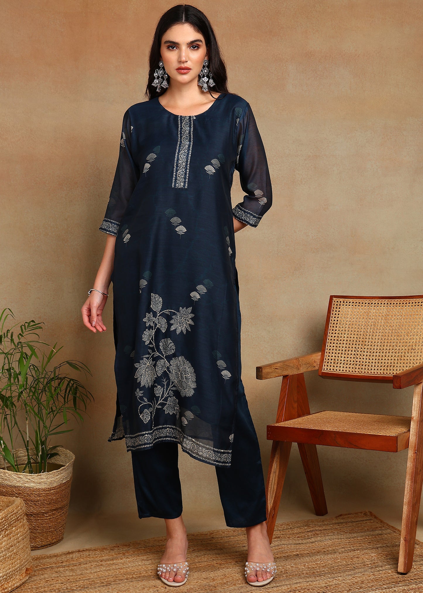 Women's Navy-Blue Ethnic Motif Printed Kurta with Kantha & Sequin Work, Paired with Trousers and Dupatta