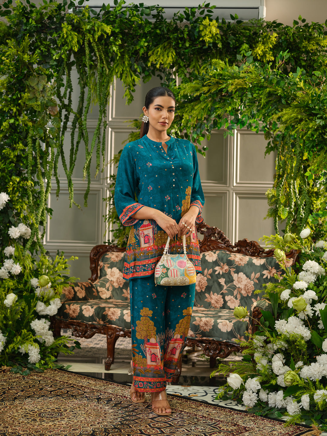 Teal Digital Print Co-ord Set with Heavy Handwork