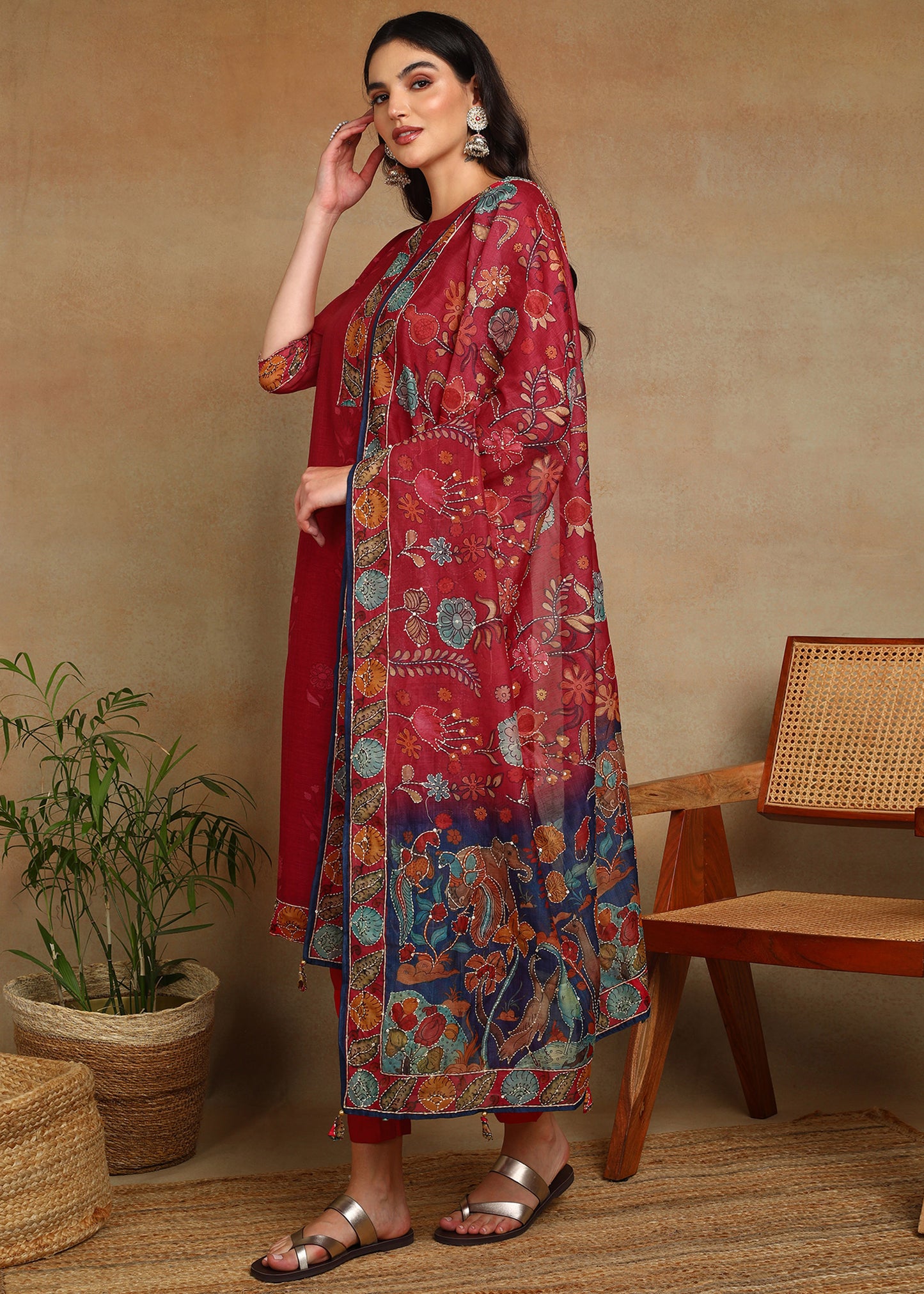 Women's Red Ethnic Motif Printed Kurta with Kantha & Sequin Work, Paired with Trousers and Dupatta