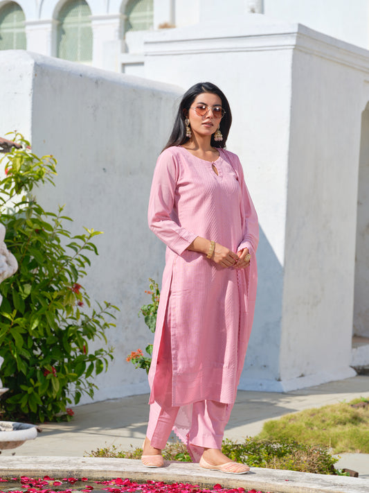 Pink Chinon Crochet Embroidered Kurta with Trousers & Nazeen Dupatta