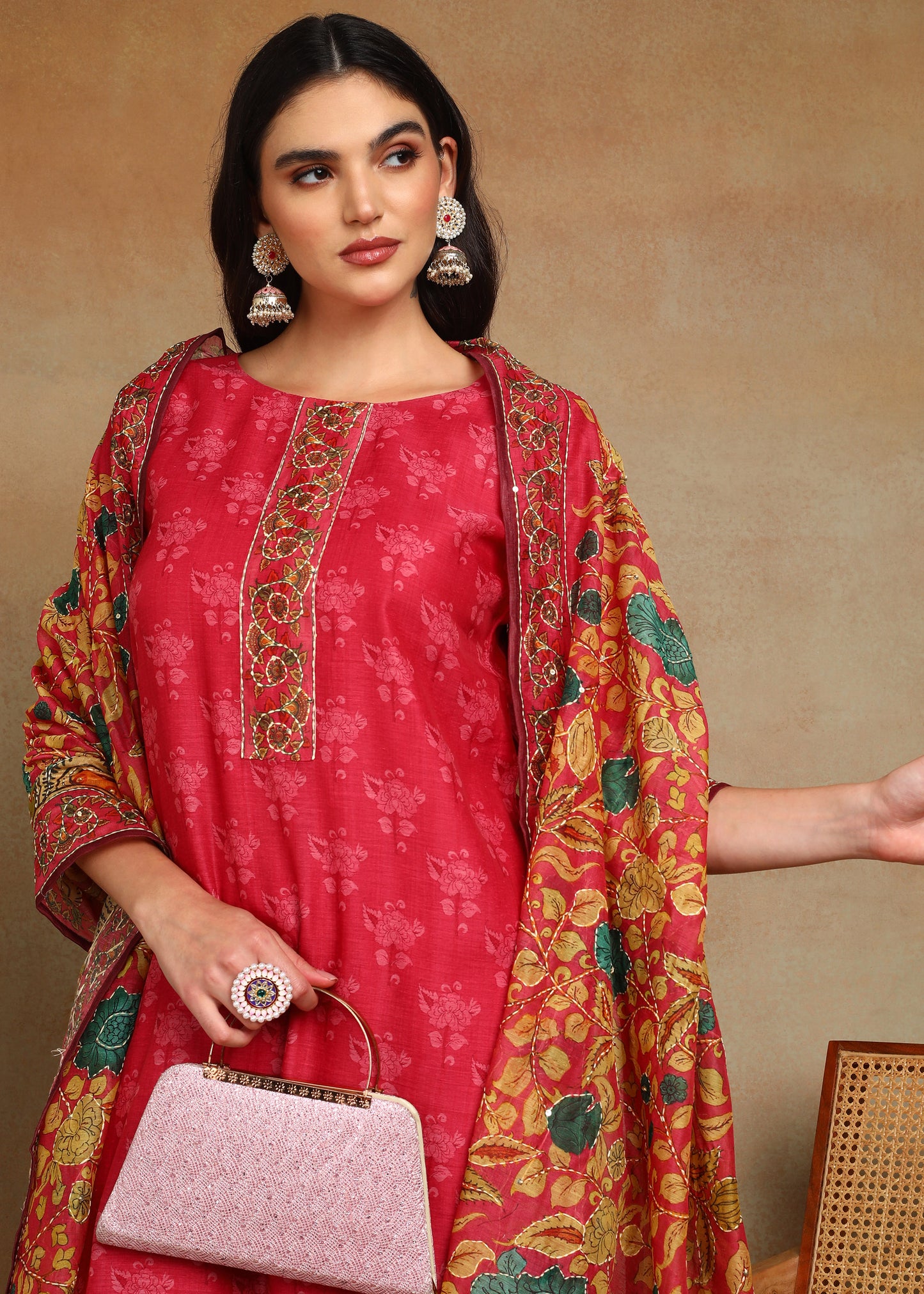 Women's Pink Ethnic Motif Printed Kurta with Kantha & Sequin Work, Paired with Trousers and Dupatta