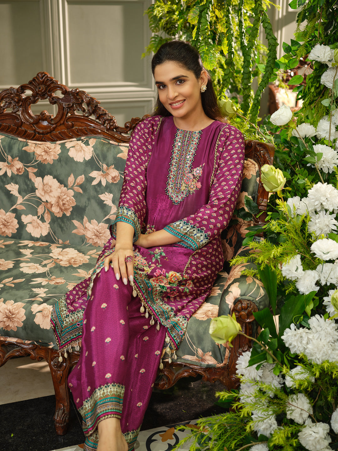 Wine Digital Print Co-ord Set with Handwork