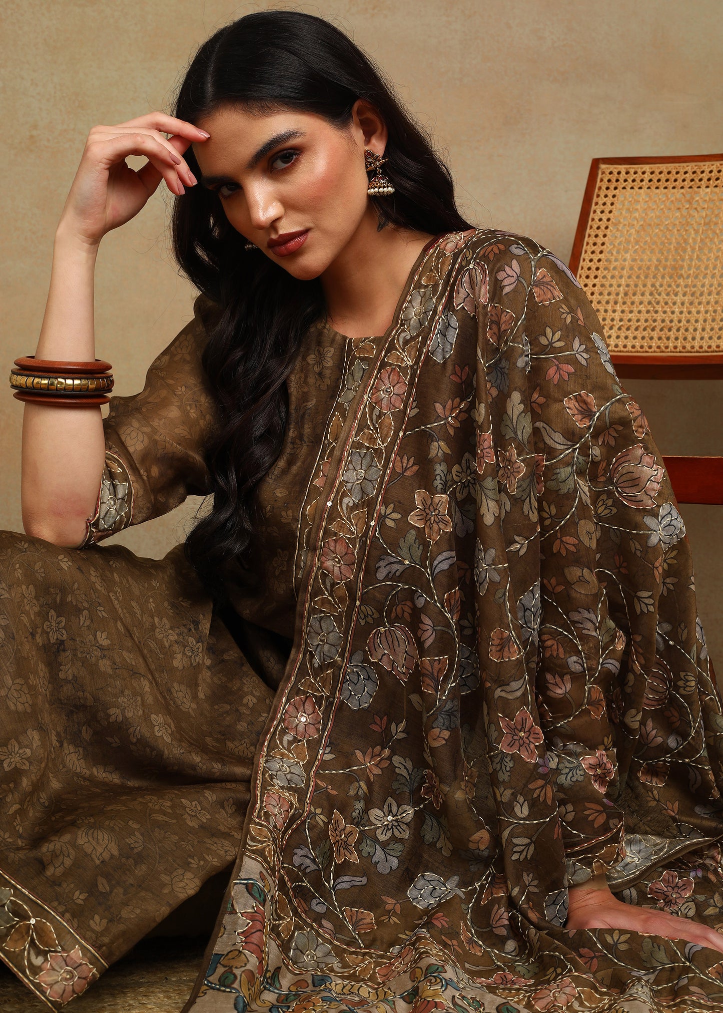 Women's Mustard Ethnic Motif Printed Kurta with Kantha & Sequin Work, Paired with Trousers and Dupatta