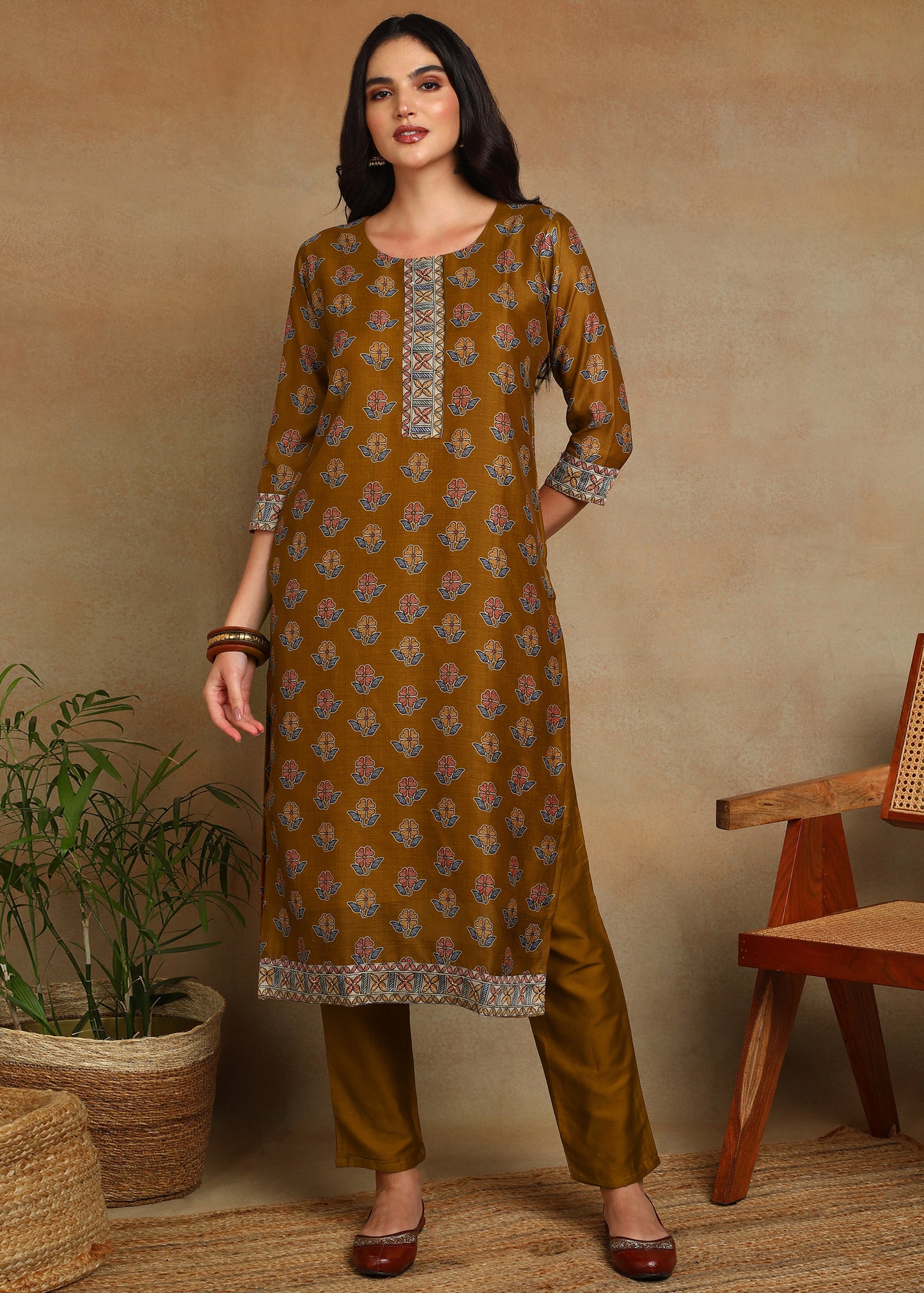 Women's Olive Green Ethnic Motif Printed Kurta with Kantha & Sequin Work, Paired with Trousers and Dupatta