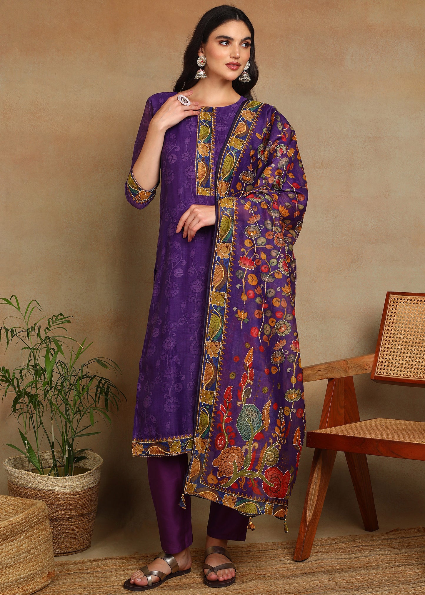 Women's Purple Ethnic Motif Printed Kurta with Kantha & Sequin Work, Paired with Trousers and Dupatta