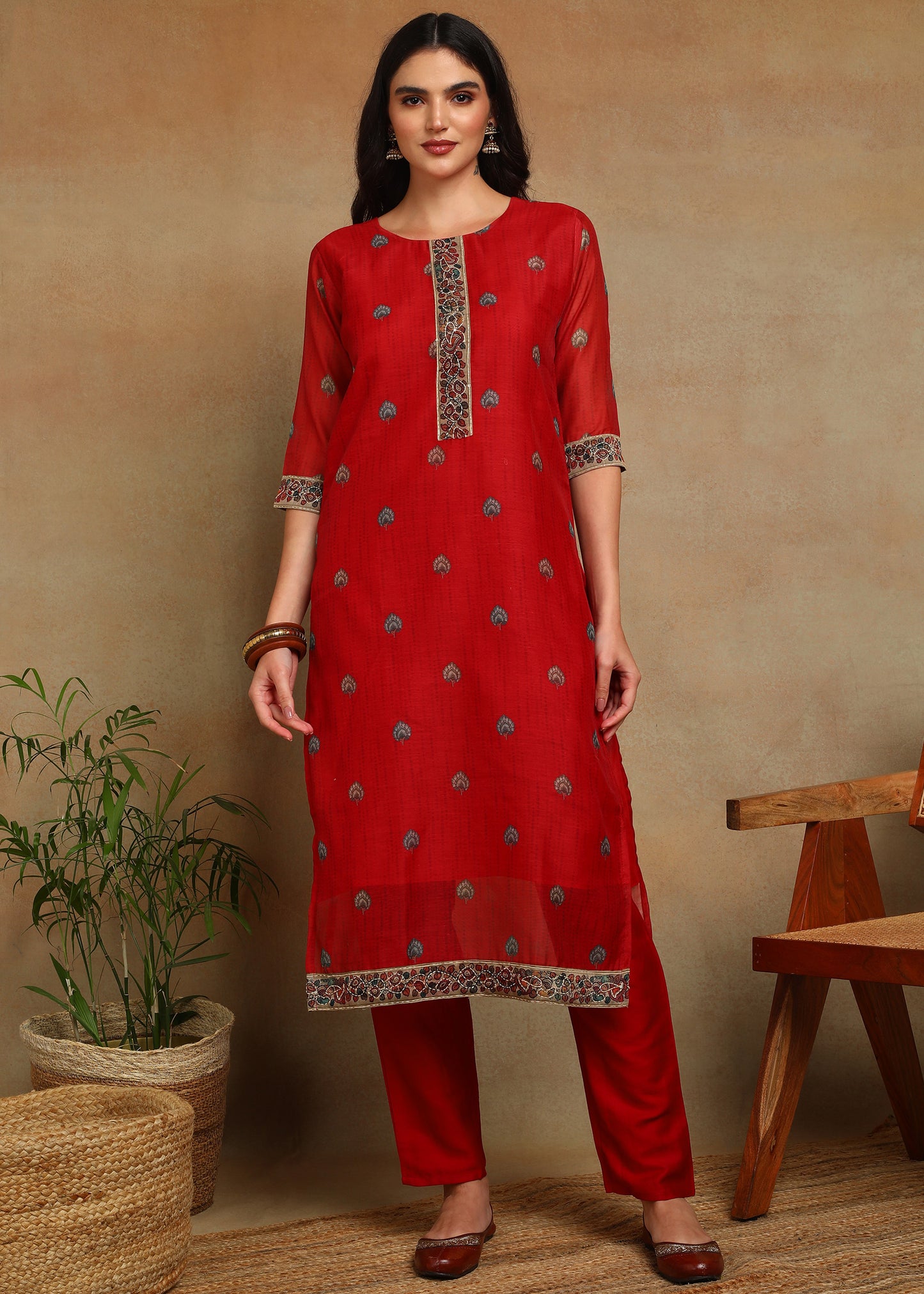 Women's Red Ethnic Motif Printed Kurta with Kantha & Sequin Work, Paired with Trousers and Dupatta