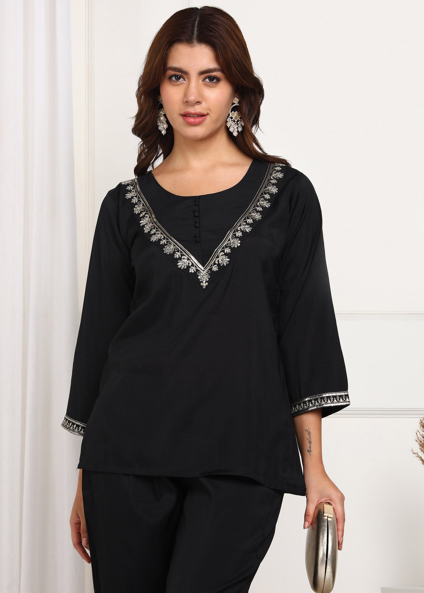 Elegant Black Embroidered Co-ord Set with Bell Sleeves